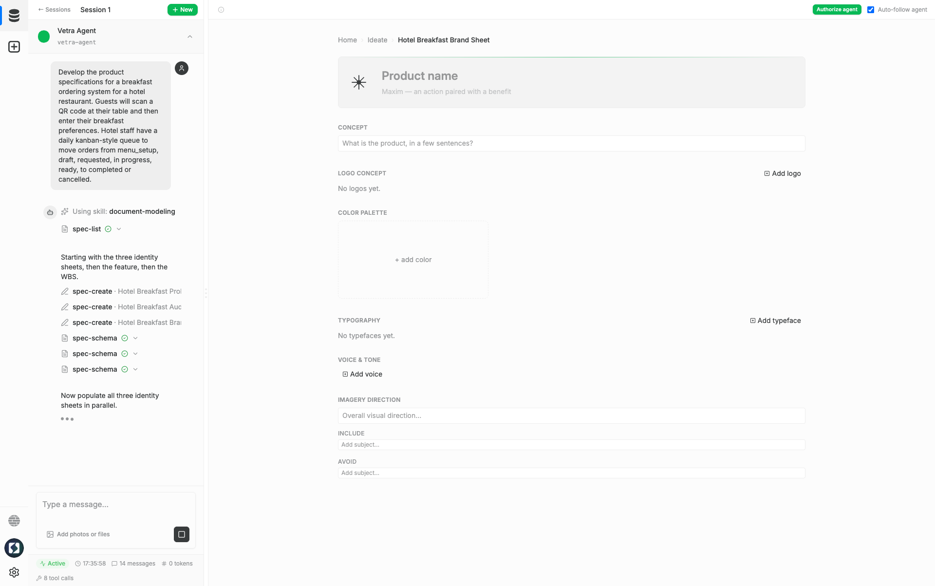 An active Vetra Studio session with agent tool cards and an auto-followed document