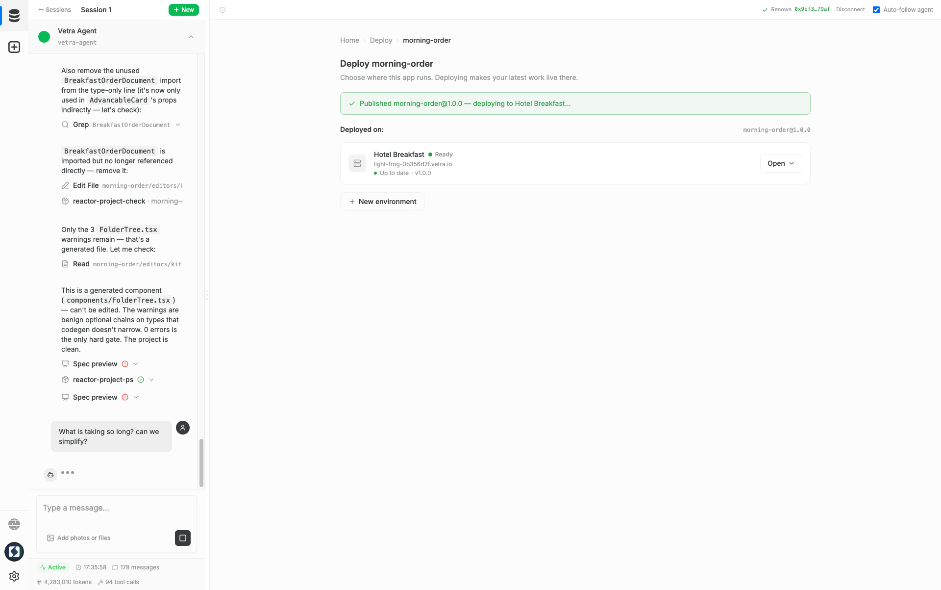 A deployed Vetra Studio environment showing Ready status and service links