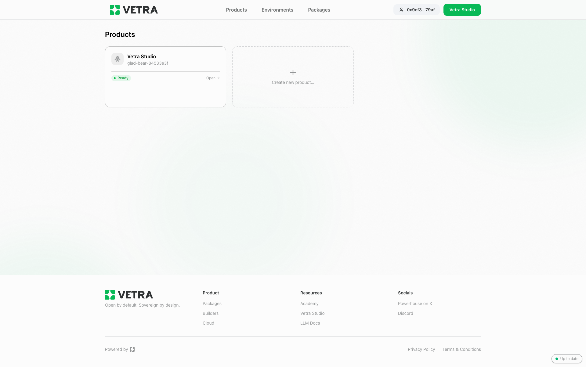 Vetra Studio Products dashboard with a Ready product